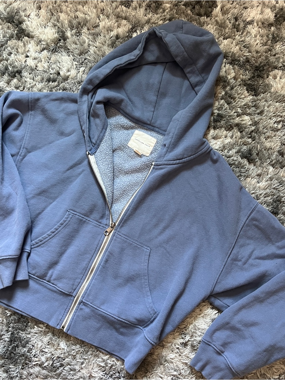 American Eagle Zip Front Hoodie Cropped Light Blue Small S